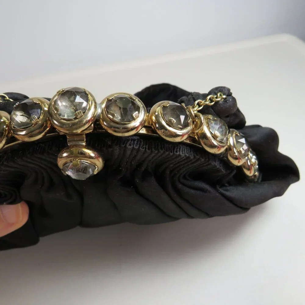 Vintage 1950s Black Satin Pouf Bag with Jeweled Frame Evening Bag Formal Costume